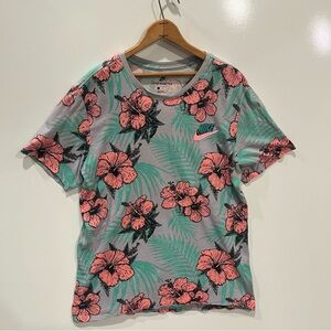 The Nike Tee T-Shirt Gray Pink Green Rare Floral Print Hibiscus Hawaiian Men's L